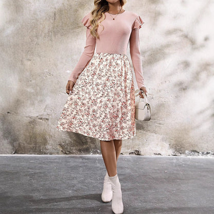 Kvinna A-Linje Klänning Blommig Polyester Långa Ärmar-2