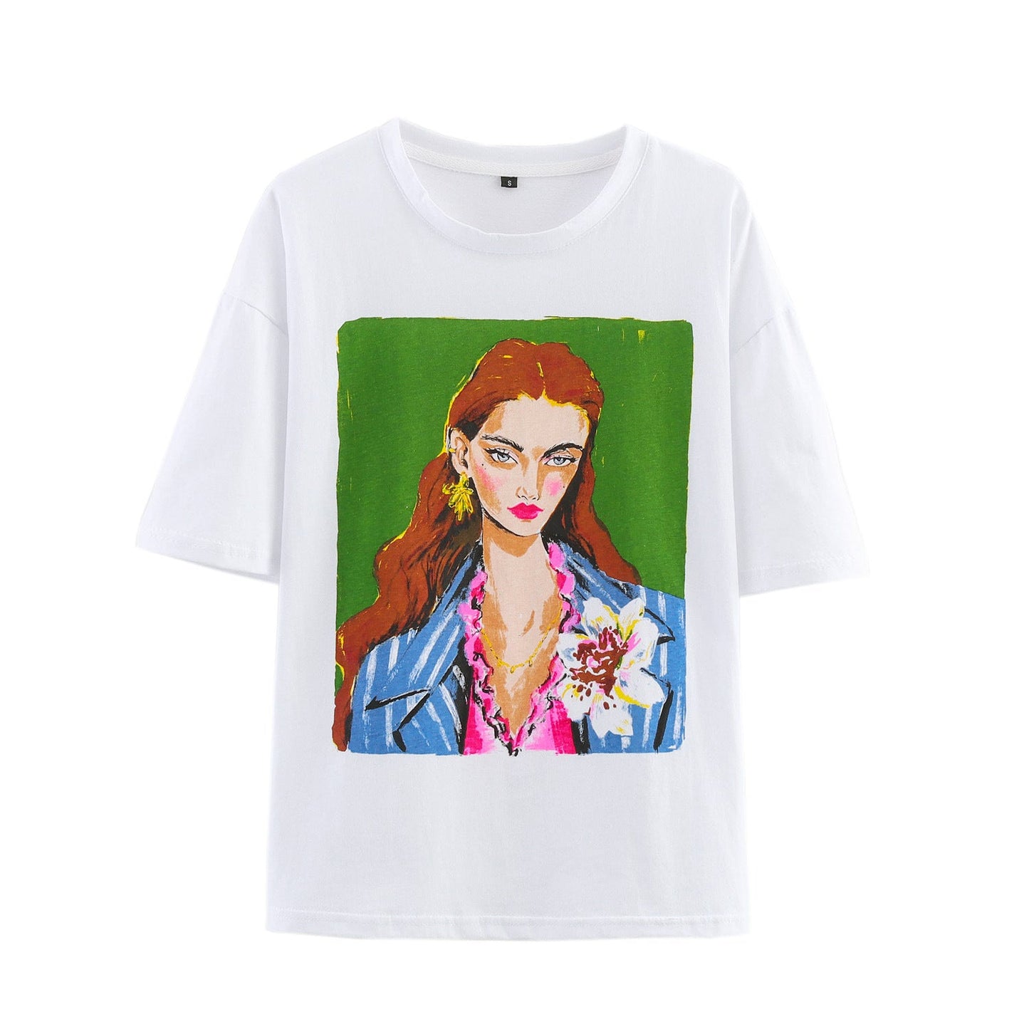 Dam T-shirt Kortärmad Bomull med Kreativt Konsttryck-1