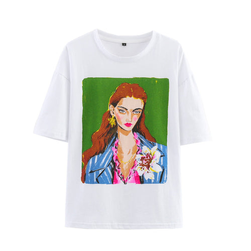 Dam T-shirt Kortärmad Bomull med Kreativt Konsttryck-1