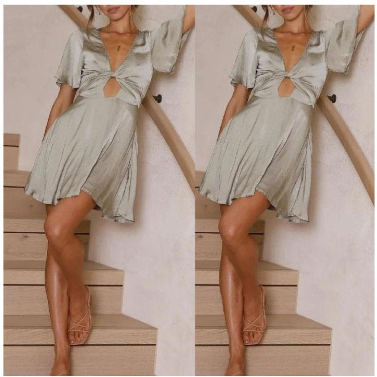 Kvinna Miniklänning V-ringning A-linje Polyester Kort Ärmar-2