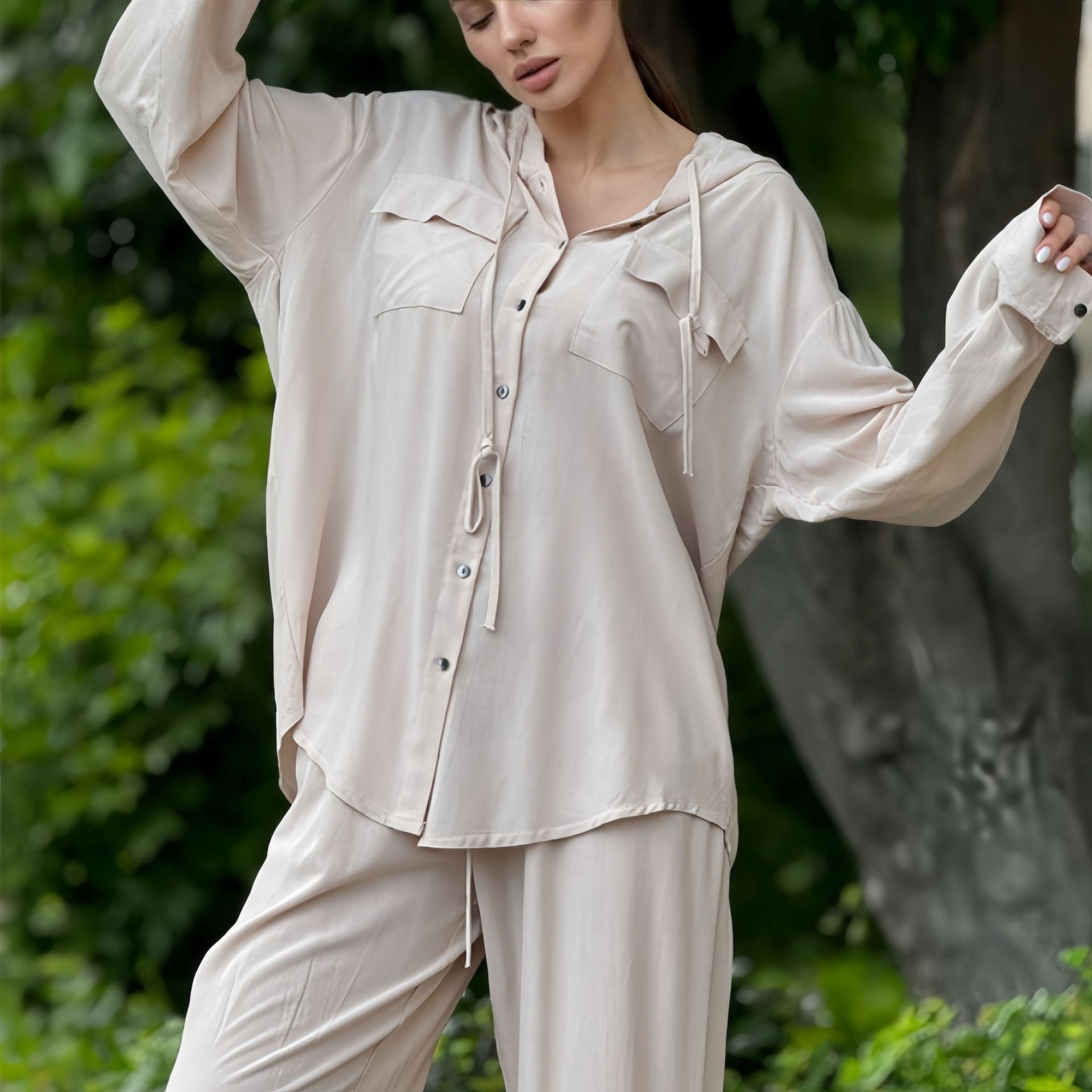 Lång Hoodie Dam Avslappnad Polyester med Ficka-2