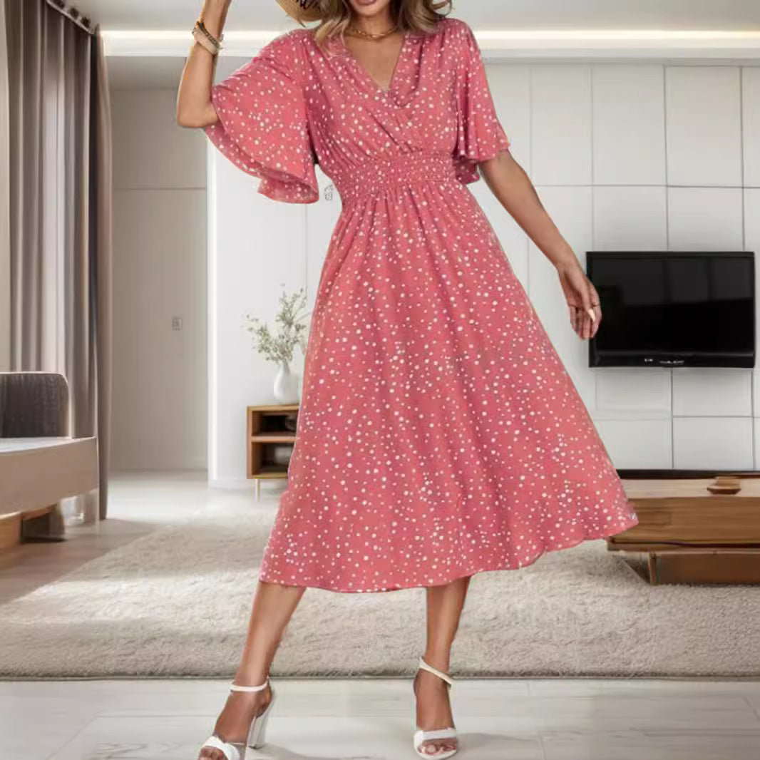 Damklänning A-linjeformad med V-ringning och Elastisk Midja i Polyester-3