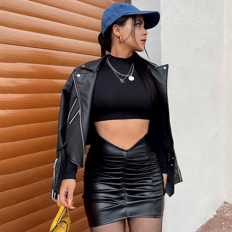 Kvinnors Svart Minikjol Veckad PU-Läder Kort Figurbetonad-3
