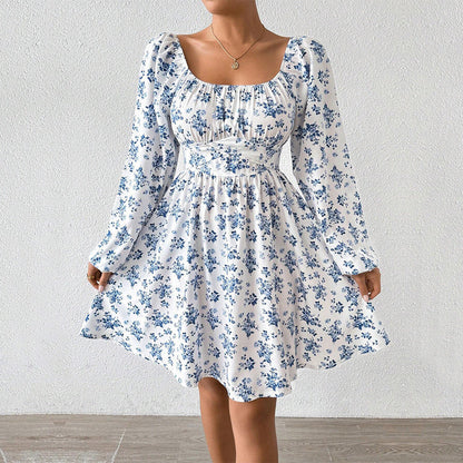 Dam A-linjeformad Kjol Blommönster Polyester Fyrkantig Halsringning-2