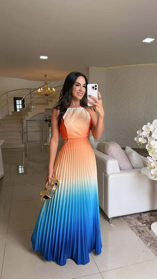 Kvinna Lång Klänning Veckad Polyester-1