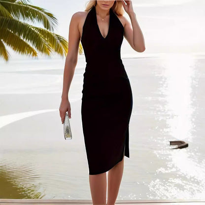 Kvinnors Ärmlös Klänning V-Ringning Medelmidja Polyester-2