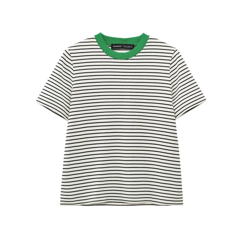 Dam T-shirt Med Stripmönster Cirkulär Halsringning 100% Bomull-1