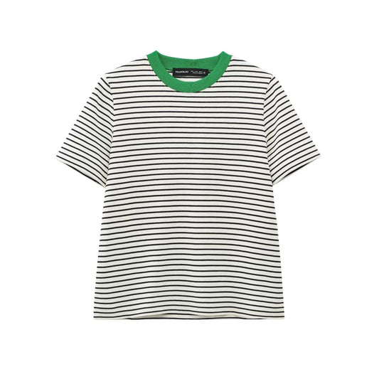 Dam T-shirt Med Stripmönster Cirkulär Halsringning 100% Bomull-1