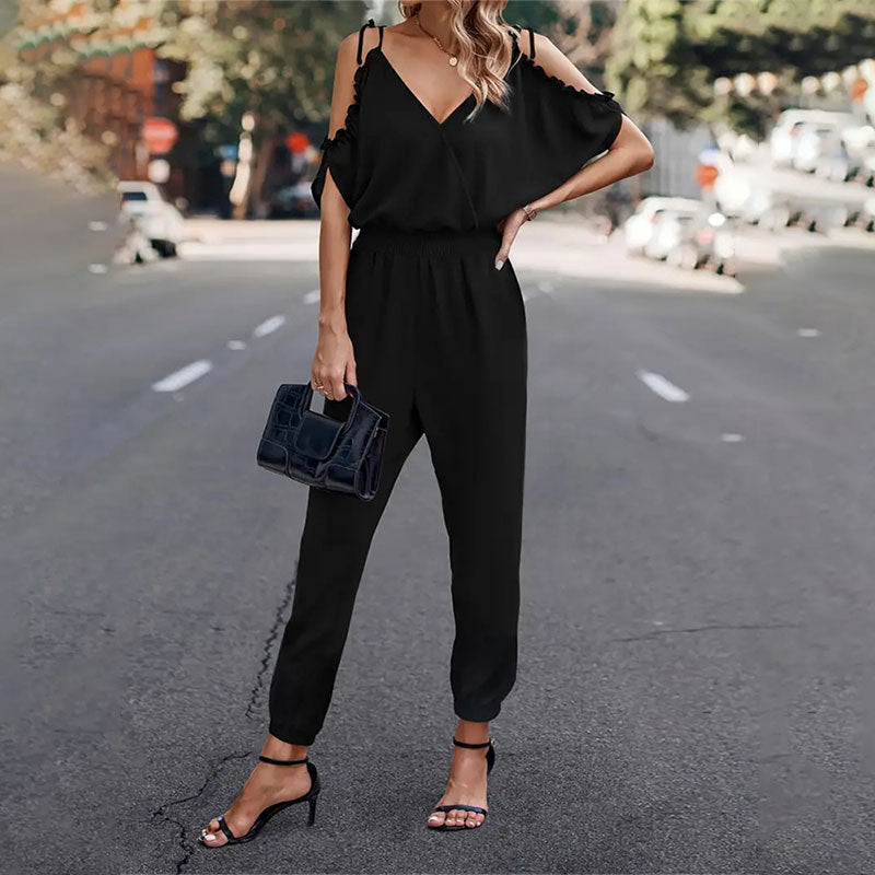 Dam Jumpsuit Öppna Axlar Elastisk Midja Andningsbart Material-1