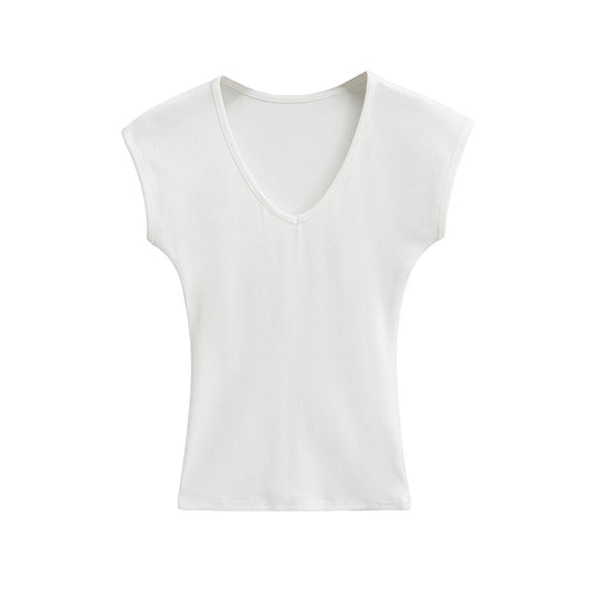 Kvinnors V-ringad Topp Ribbad Andningsbar Material-1