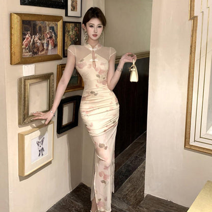 Damklänning Lång Qipao Blommönster Polyester-2