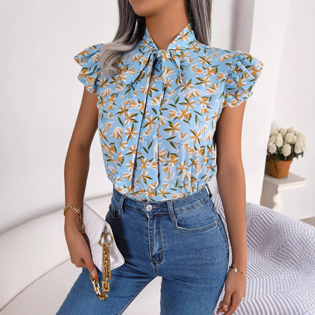 Dam Chiffon Skjorta Blommig V-Hals Ärmlös Polyester-4