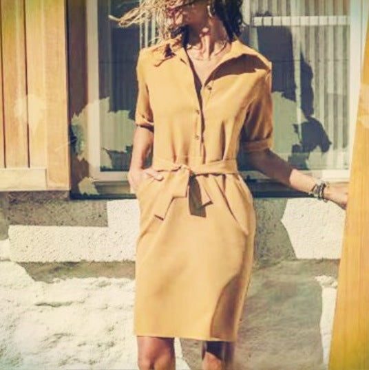 Kvinnors A-linjeformad Klänning med Bälte Polyester Trekvartsärmar-4