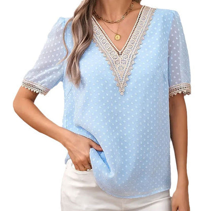 Damblus med V-ringning och Spetsdetaljer, Lätt Tyg, Korta Ärmar, Modern Design – Perfekt för Vardag och Fest 6