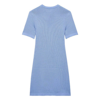 Kvinnors Stickad Klänning med Knappdetaljer och Fickor Andningsbart Material-2