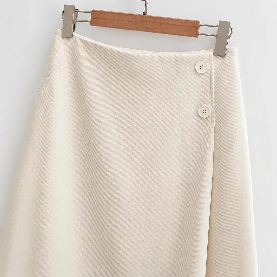 Dam Wrap Kjol med Knappdetalj och Elastisk Midja i Hårt Kläde-4