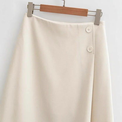 Dam Wrap Kjol med Knappdetalj och Elastisk Midja i Hårt Kläde-4