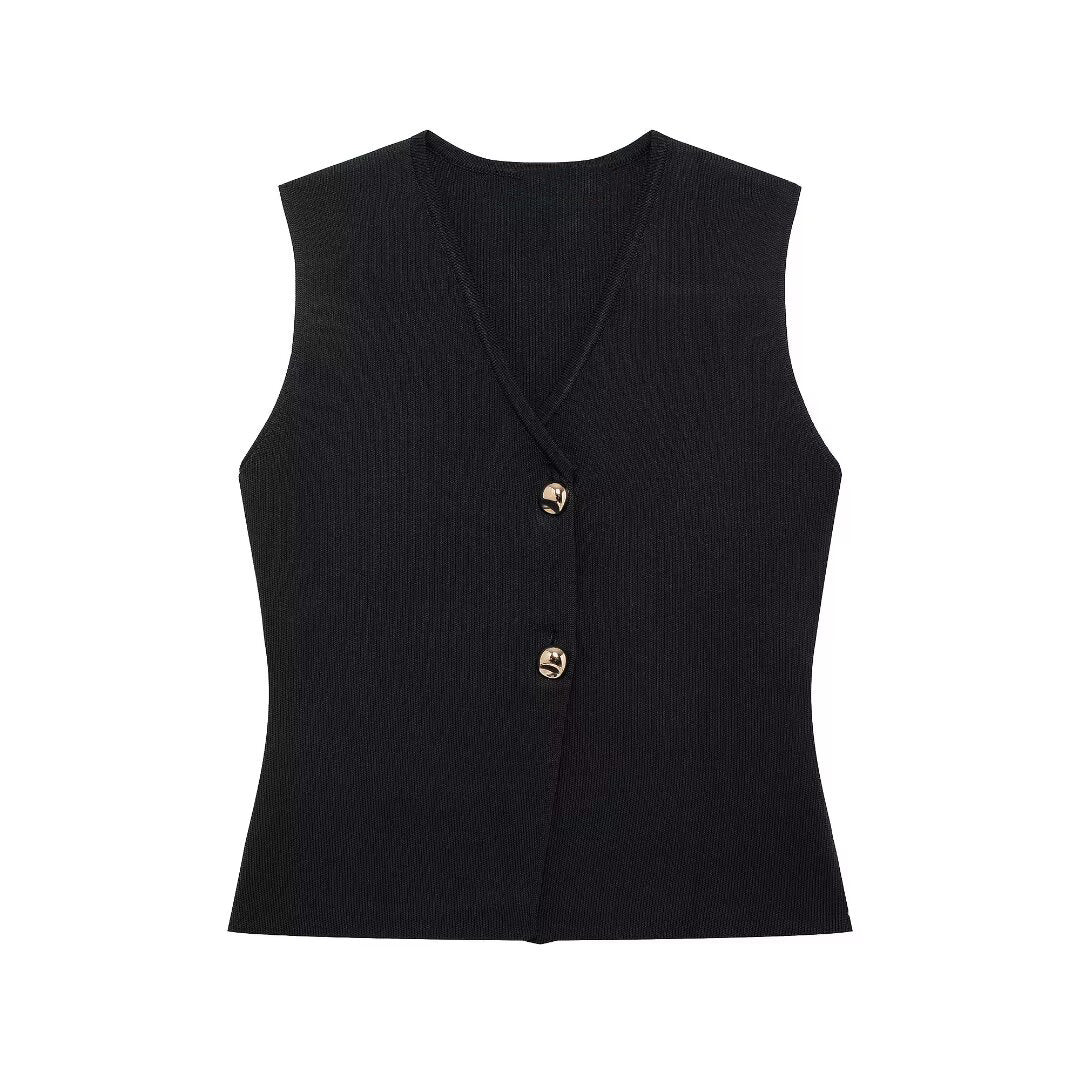 Variant image for Dam Stickad Väst med Guldknappdekor i Polyester-7