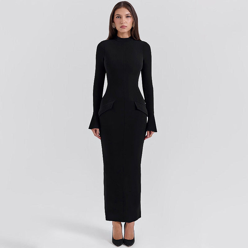 Kvinnors Långärmad Klänning Hög Krage Utställda Ärmar Elastiskt Tyg 5