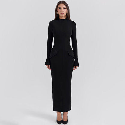 Kvinnors Långärmad Klänning Hög Krage Utställda Ärmar Elastiskt Tyg 5