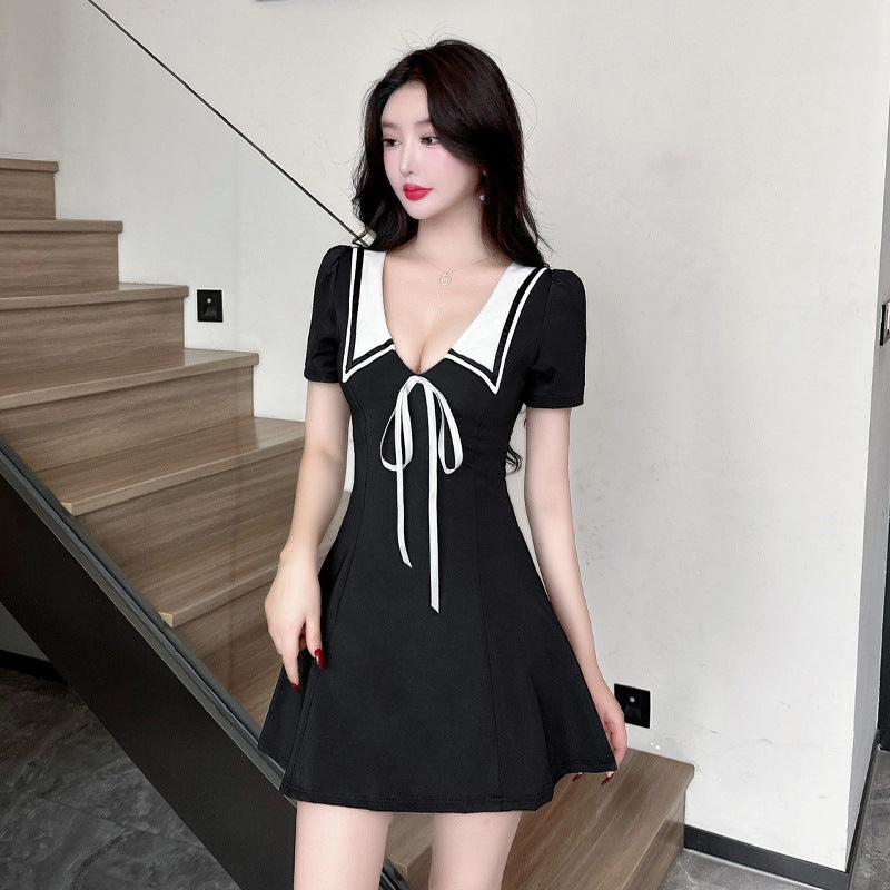 Kvinna Klänning V-ringning Kort Polyester Färgblockering-3