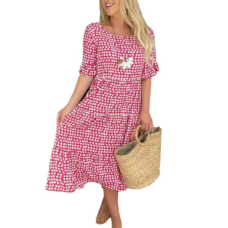 Fina Dam Klänningar Rundad Kortärmad Polyester Elegant Design-5