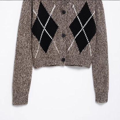 Kvinnors Cardigan Modern Karomönster Mjuk Stickad-3