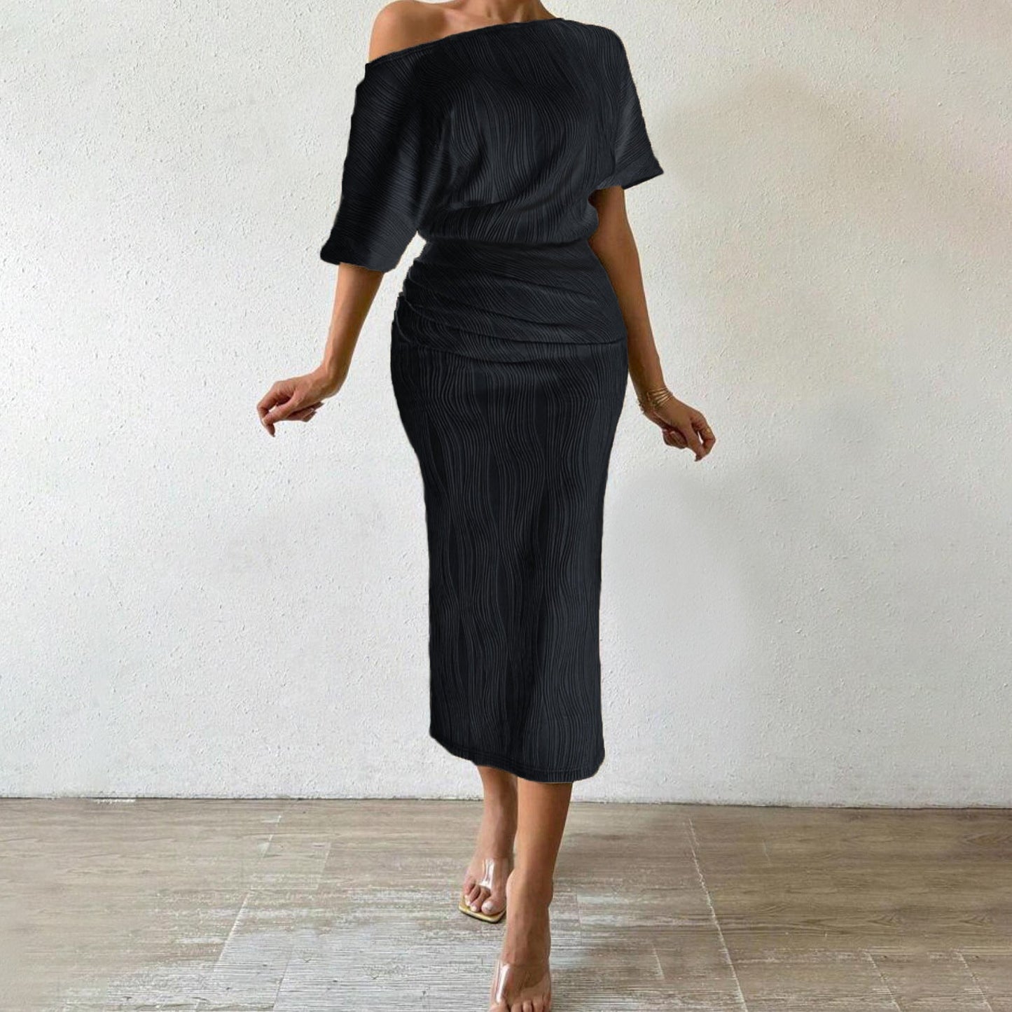 Dam Midi Kjol Chic Elastiskt Tyg Korrugerat Mönster 2