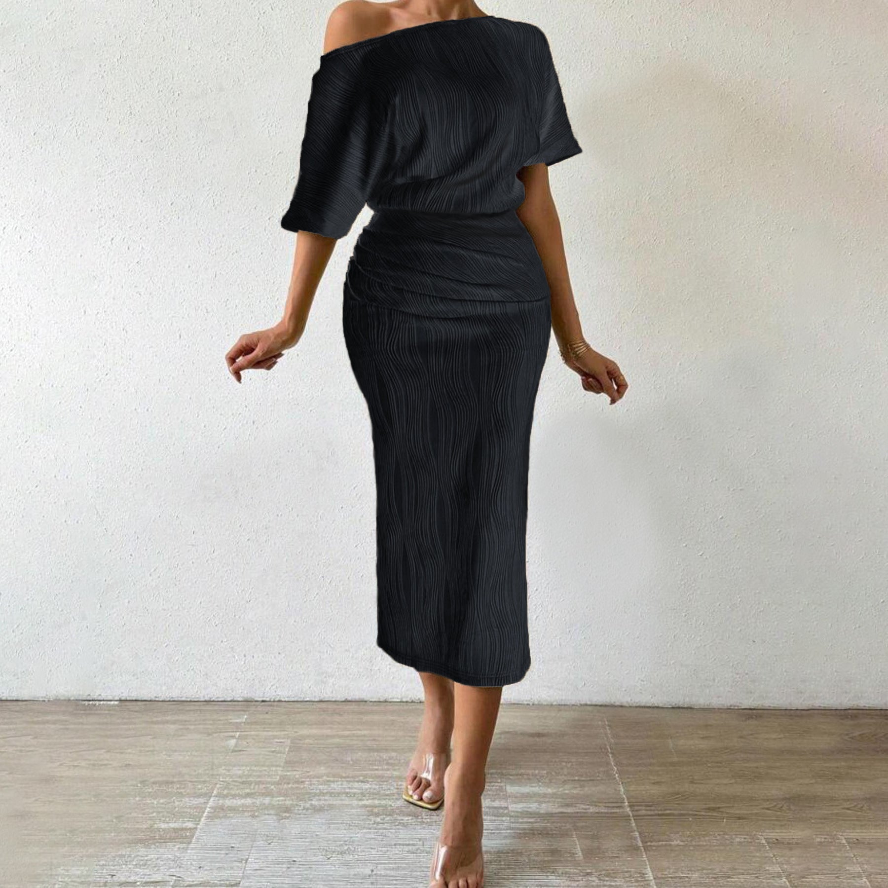 Dam Midi Kjol Chic Elastiskt Tyg Korrugerat Mönster 7