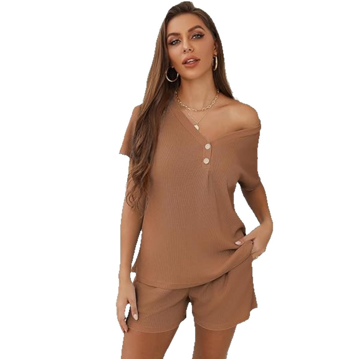 Dam Våffla Tygloungewear Set Avslappnad V-ringning Shorts-5