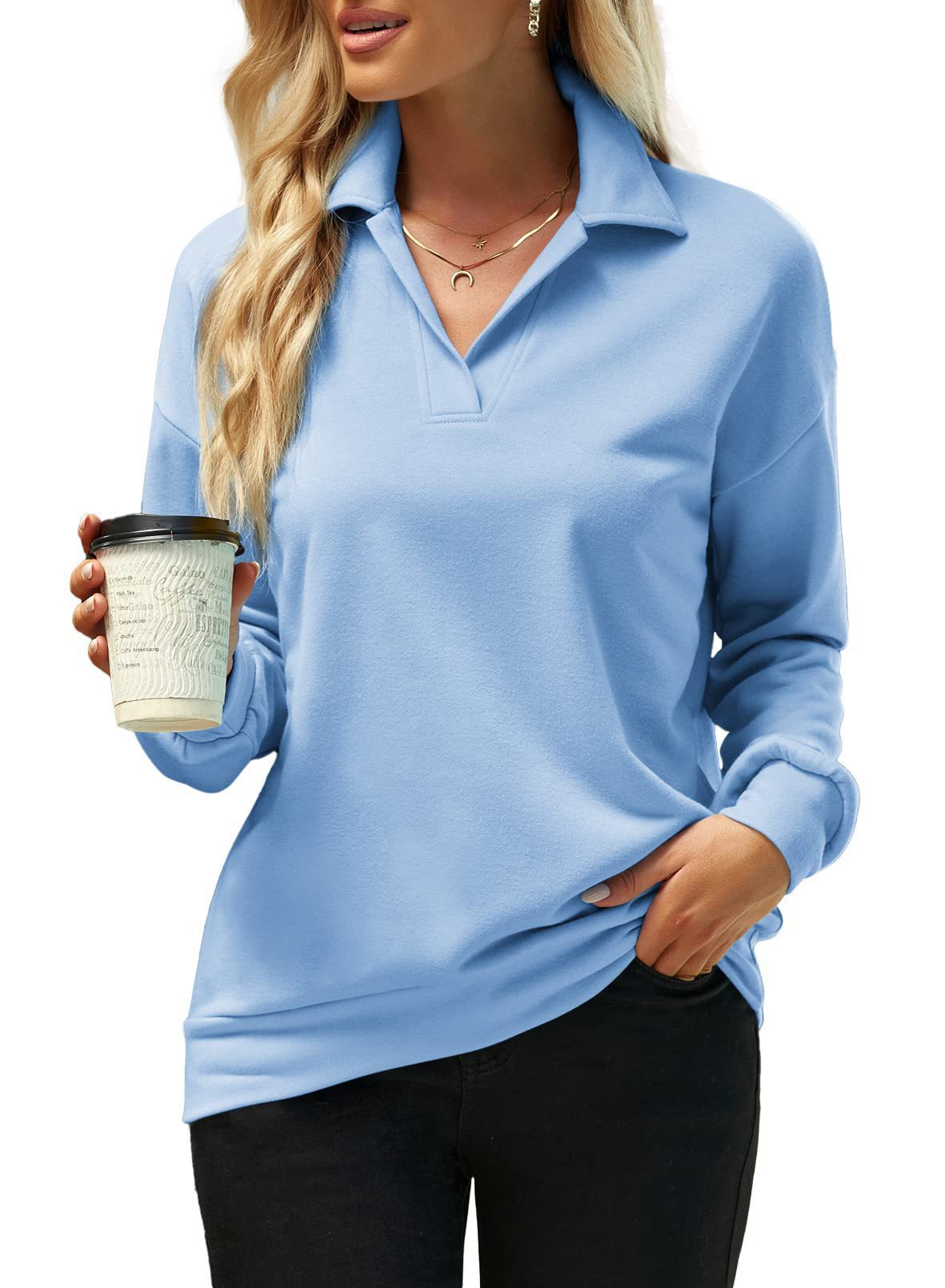 Variant image for Dam Sweatshirt Långärmad V-ringad Polyester Tjocktröja för Avslappnad Stil-19