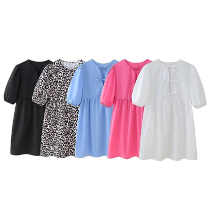 Kvinnor Klänning Kort Puffärmar Bindande Bälte Polyester-2