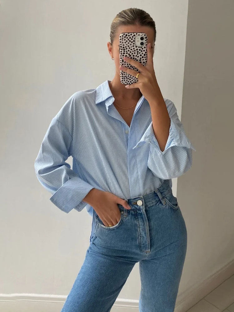 Löst Randig Kofta för Kvinnor i Mjuk Bomull – Ljusgrå och Blå, Storlek S-M-L 7