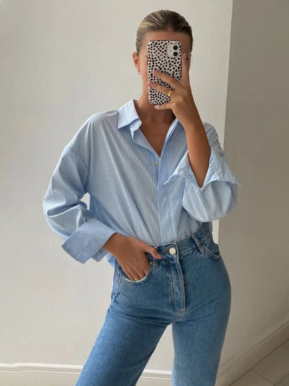 Löst Randig Kofta för Kvinnor i Mjuk Bomull – Ljusgrå och Blå, Storlek S-M-L 7