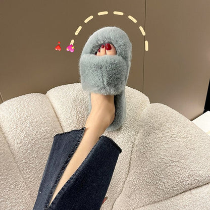 Dam Tofflor Fluffiga Mjuka Material med Icke-Slip Gummisula-5