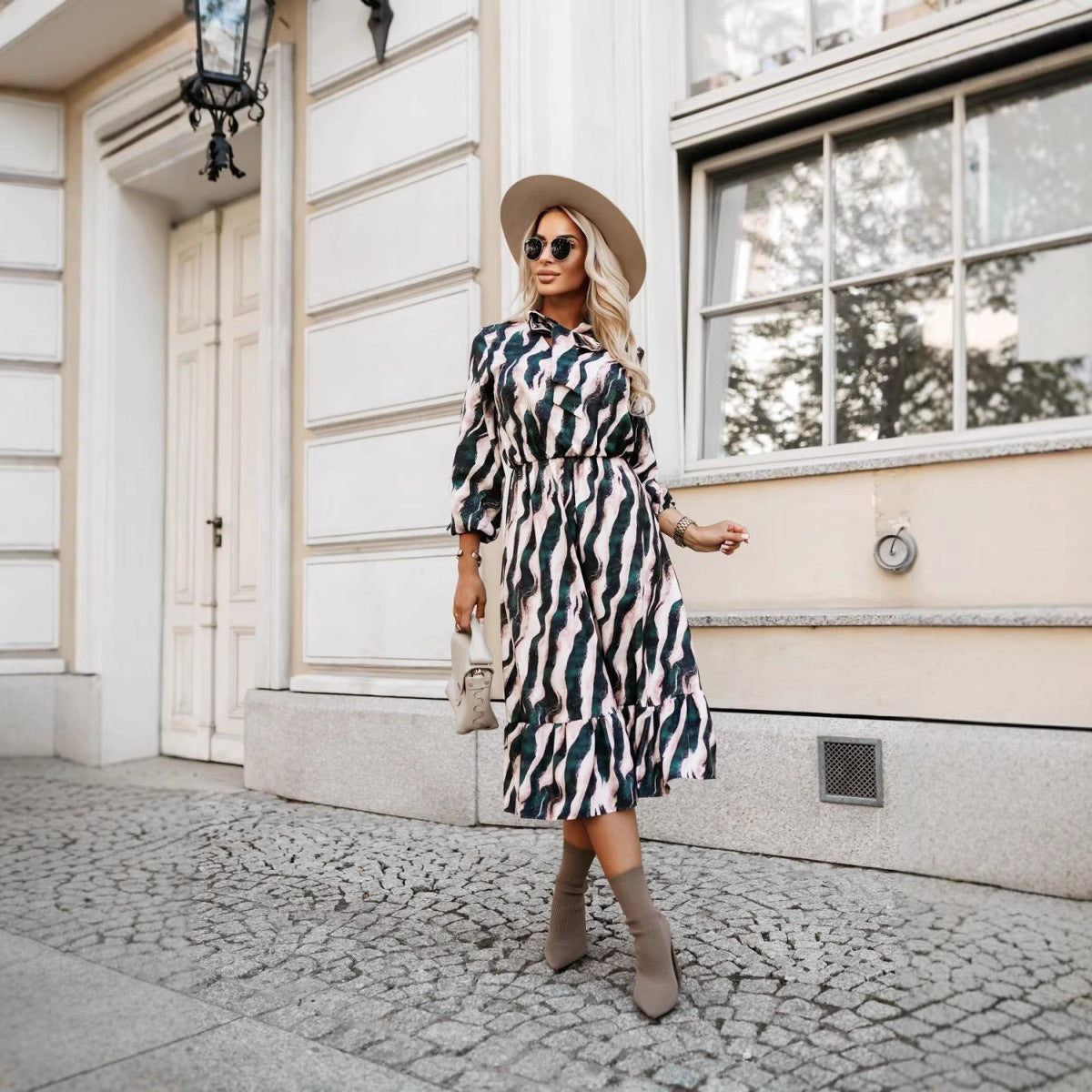 Kvinna A-Linje Klänning Zebra-tryck Polyester Långärmad-5