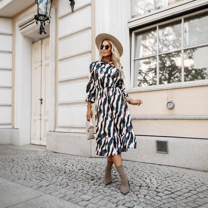 Kvinna A-Linje Klänning Zebra-tryck Polyester Långärmad-5