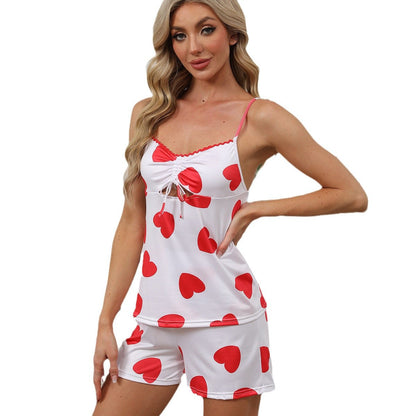 Kortärmad Hjärtdräkt för Dam i Vit Polyester – Set med Topp och Shorts för Sommarens Aktiviteter 5