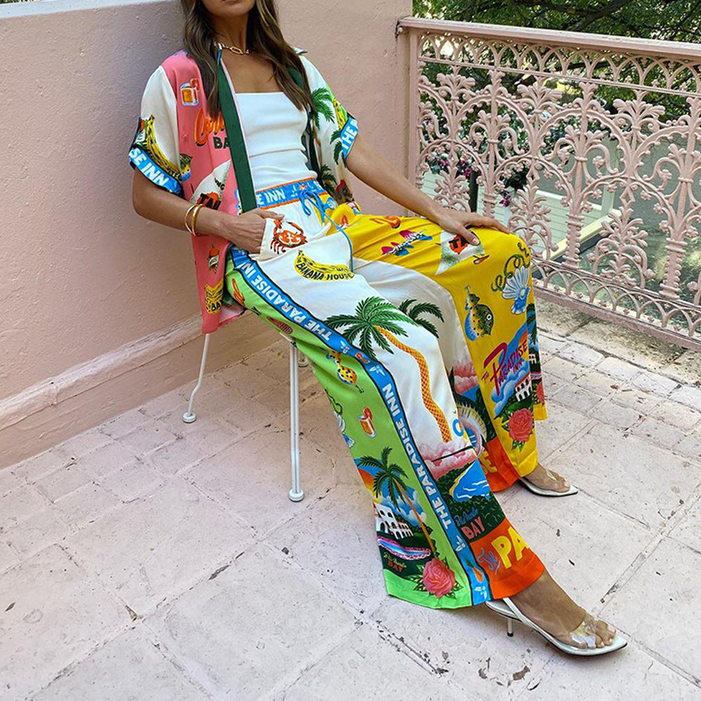 Dam Casual Set Tryckt Skjorta och Byxor Syntetisk Blandning-5