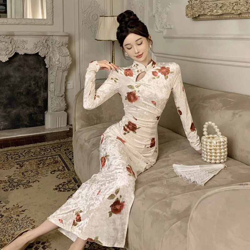 Kvinnors Qipaoklänning Midjekonstruktion Högkvalitativt Tyg-4