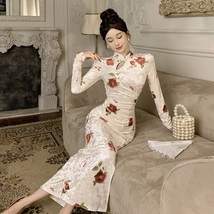 Kvinnors Qipaoklänning Midjekonstruktion Högkvalitativt Tyg-4