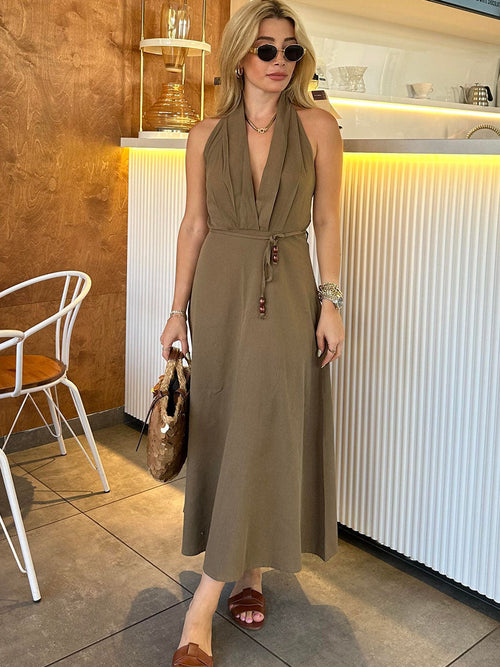 Dam Klänning Maxi Halterneck Högkvalitativt Tyg-1