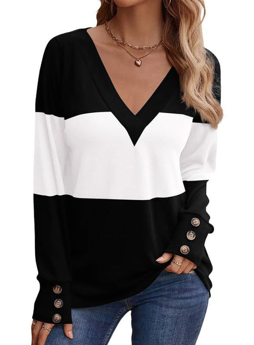 Dam Långärmad T-shirt V-Hals Färgblock 100% Bomull-1