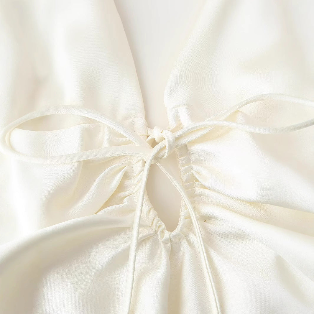 Damklänning V-hals Spaghetti Band Satin Lång Klänning-4