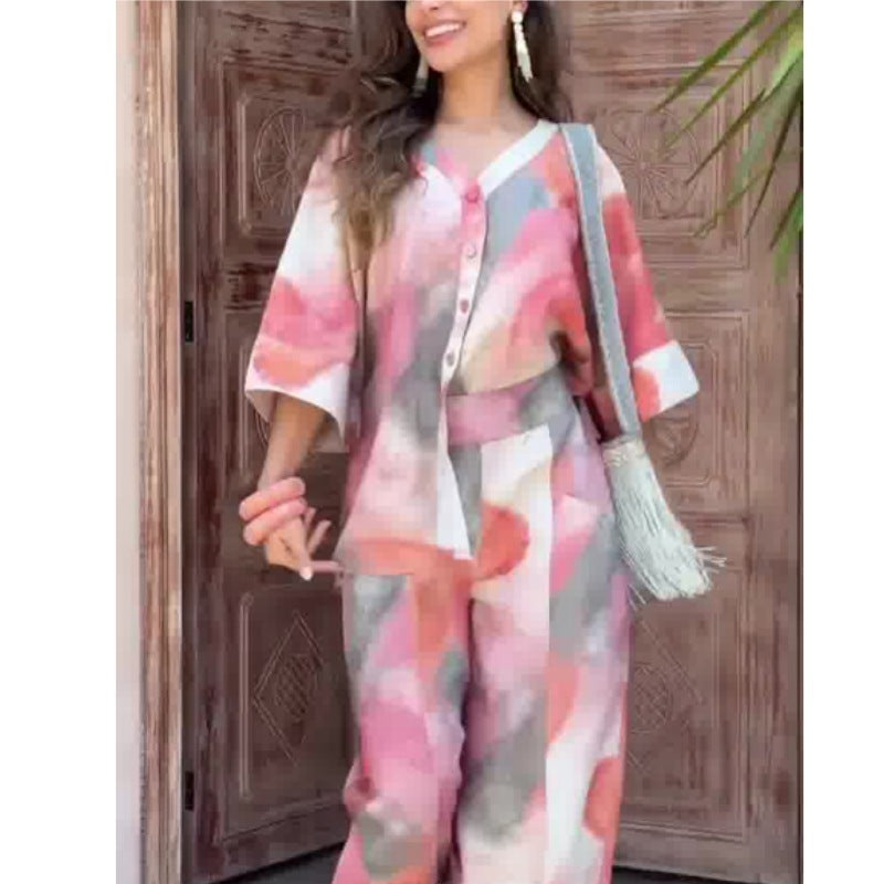 Dam Set Hög Midja Bredbenade Byxor Polyester Spandex-3