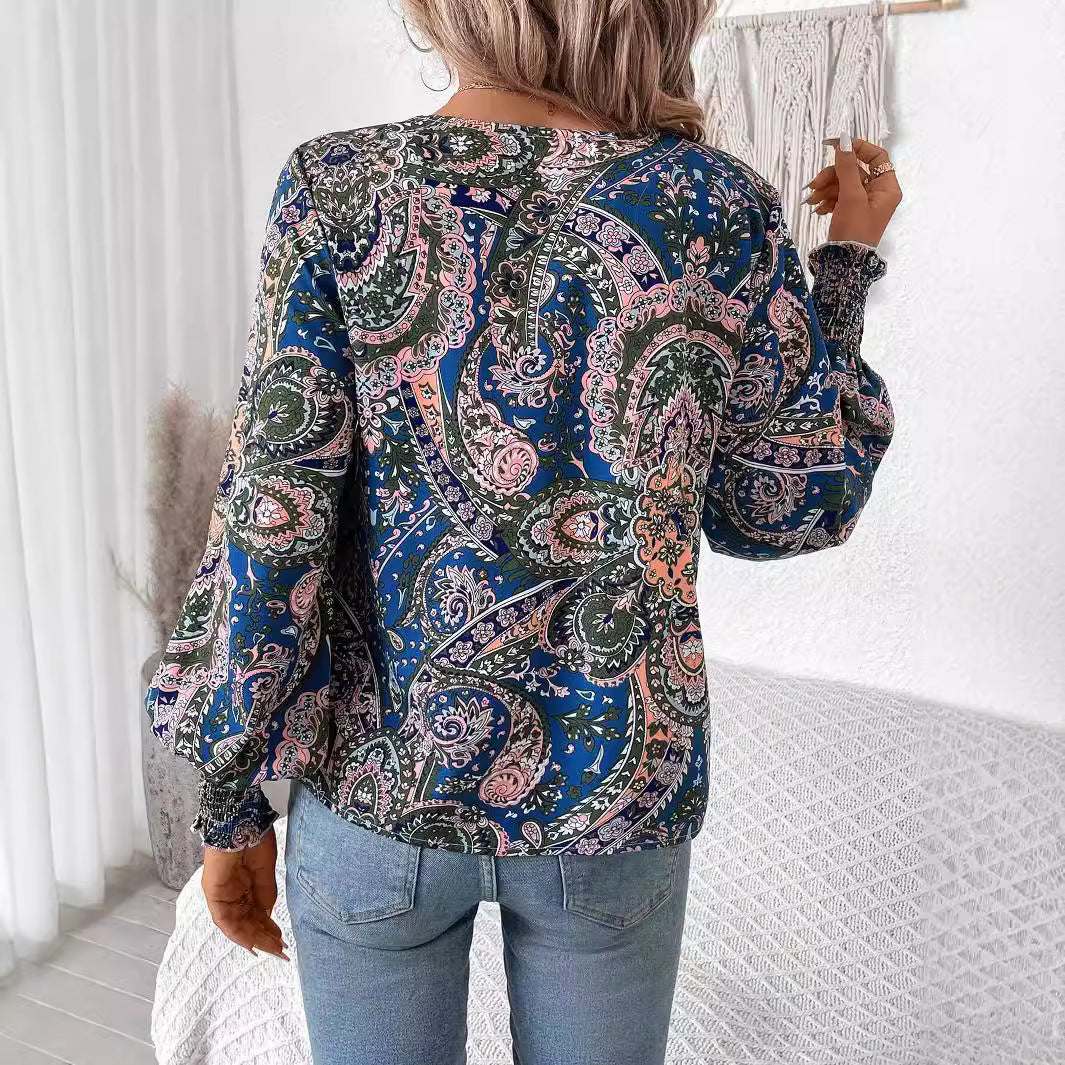 Dam V-ringad Blommig Skjorta Långa Ärmar Polyester-3