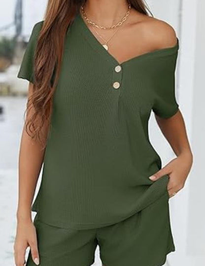 Dam Våffla Tygloungewear Set Avslappnad V-ringning Shorts-6