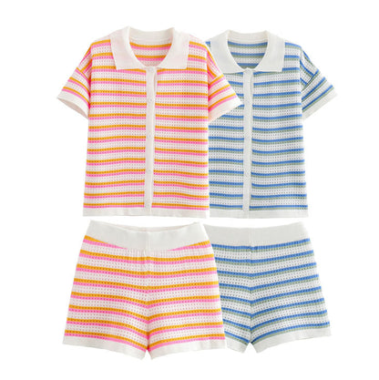 Dam Shorts Set Randig Stickad Topp 100% Bomull Avslappnad Passform-2