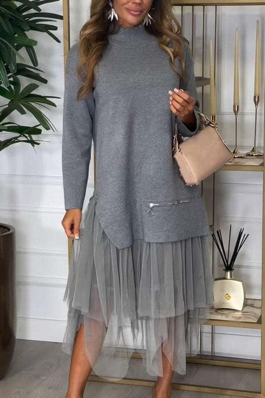 Fina Dam Klänningar Set med Mesh Detaljer Hög Krage Polyester Spandex-1