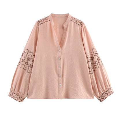Dam Skjorta Broderad Långärmad Polyester-2